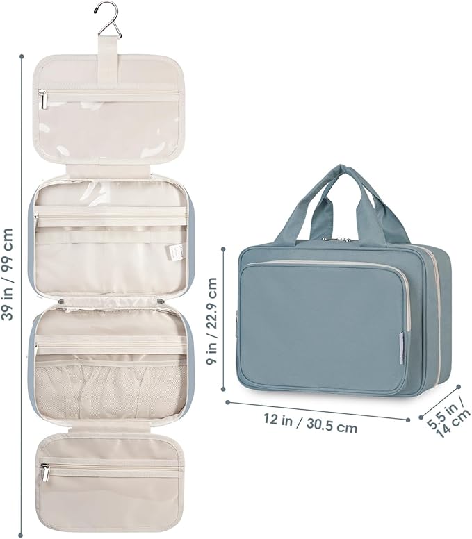 Travel Toiletry Bag for Women Large Hanging Makeup Bag Organizer Toiletries Bag for Full Size Essentials Accessories Cosmetics (Greyish Blue (Large))