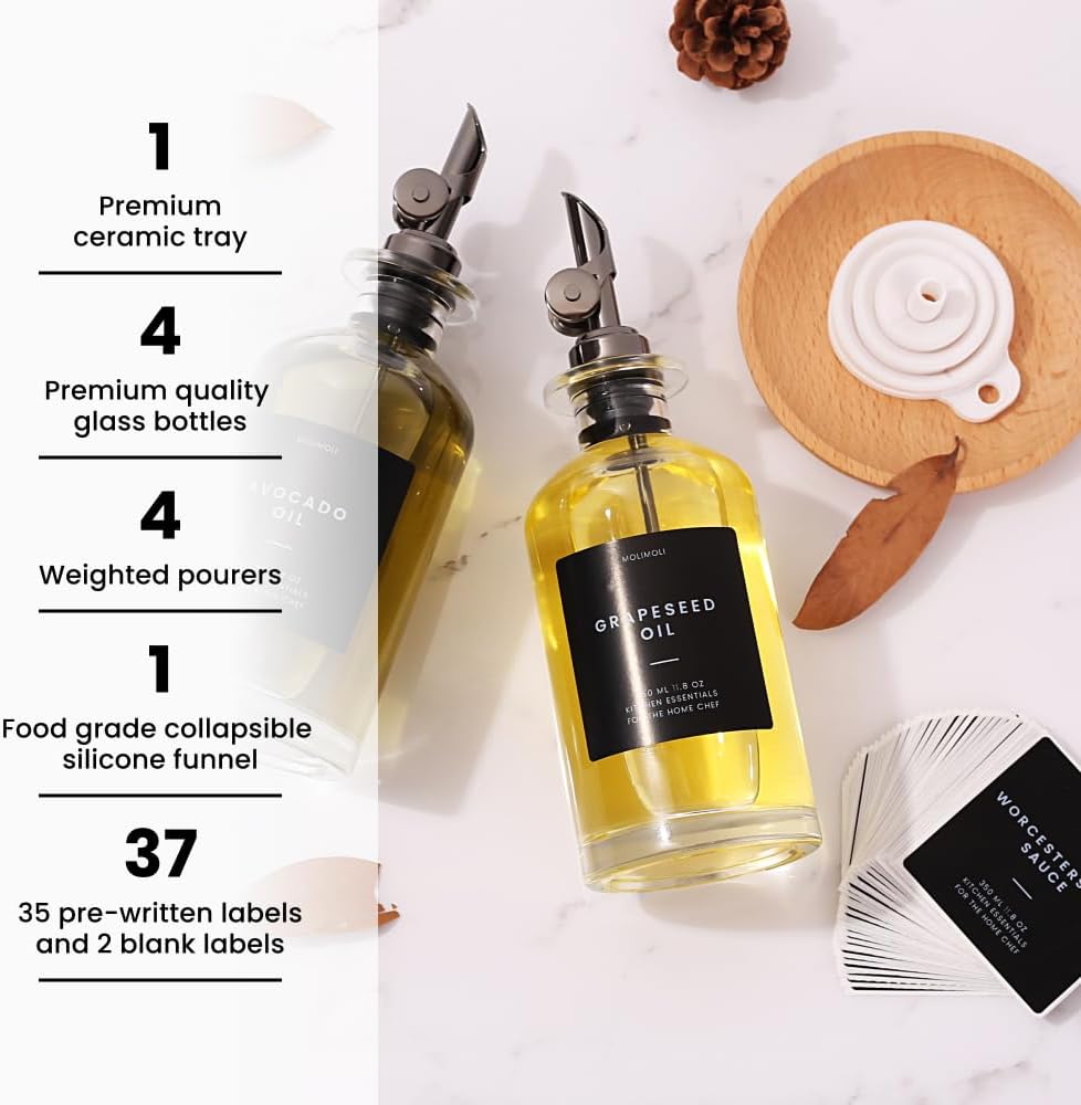 Molimoli Oil and Vinegar Dispenser with Metal Pour Spout, Weighted Pourer, Glass Bottle Dispenser for Kitchen w. Ceramic Tray|Black, 350ml, Set of 2