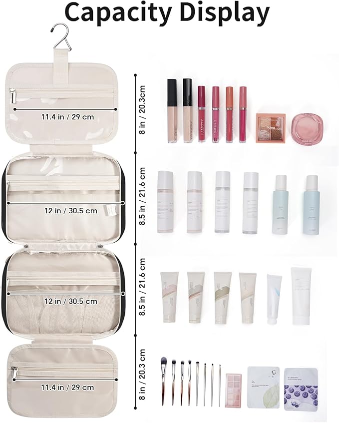 Travel Toiletry Bag for Women Large Hanging Makeup Bag Organizer Toiletries Bag for Full Size Essentials Accessories Cosmetics (Black (Large))