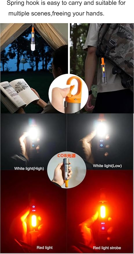 poyoelf Zoomable Led Flashlight with COB Sidelight with Hook,Rechargeable EDC Small Lantern Flashlight,Waterproof,Tactical Portable Handheld Torch for Camping,Hiking,Emergency,Home Use(Black)