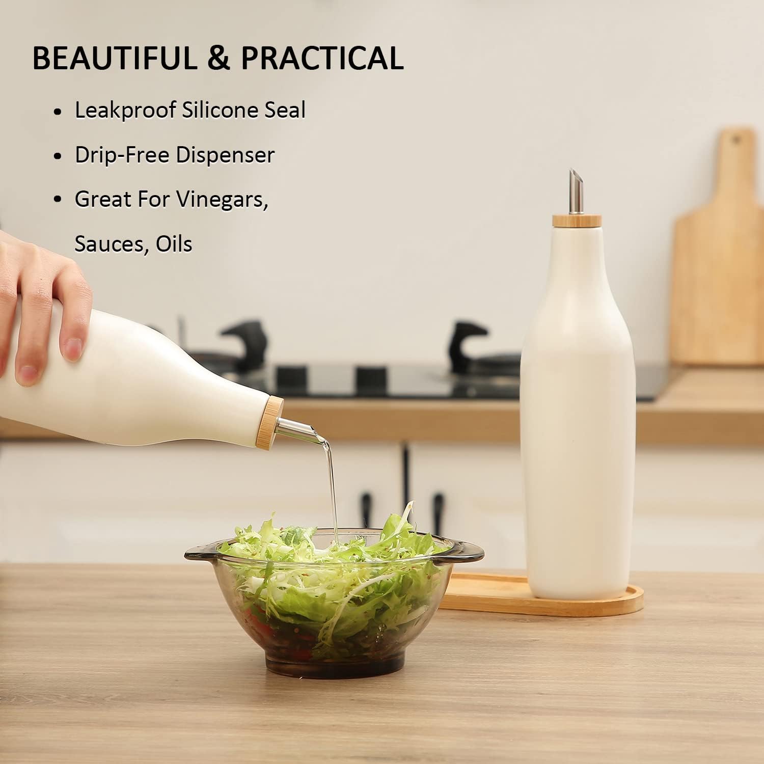 HOMCDALY Ceramic Olive Oil Dispenser for Kitchen, Stoneware 16oz Oil and Vinegar Bottles Dispenser, Kitchen Dispenser Bottle for EVOO Vinegar Syrups, Modern Farmhouse Design(W)