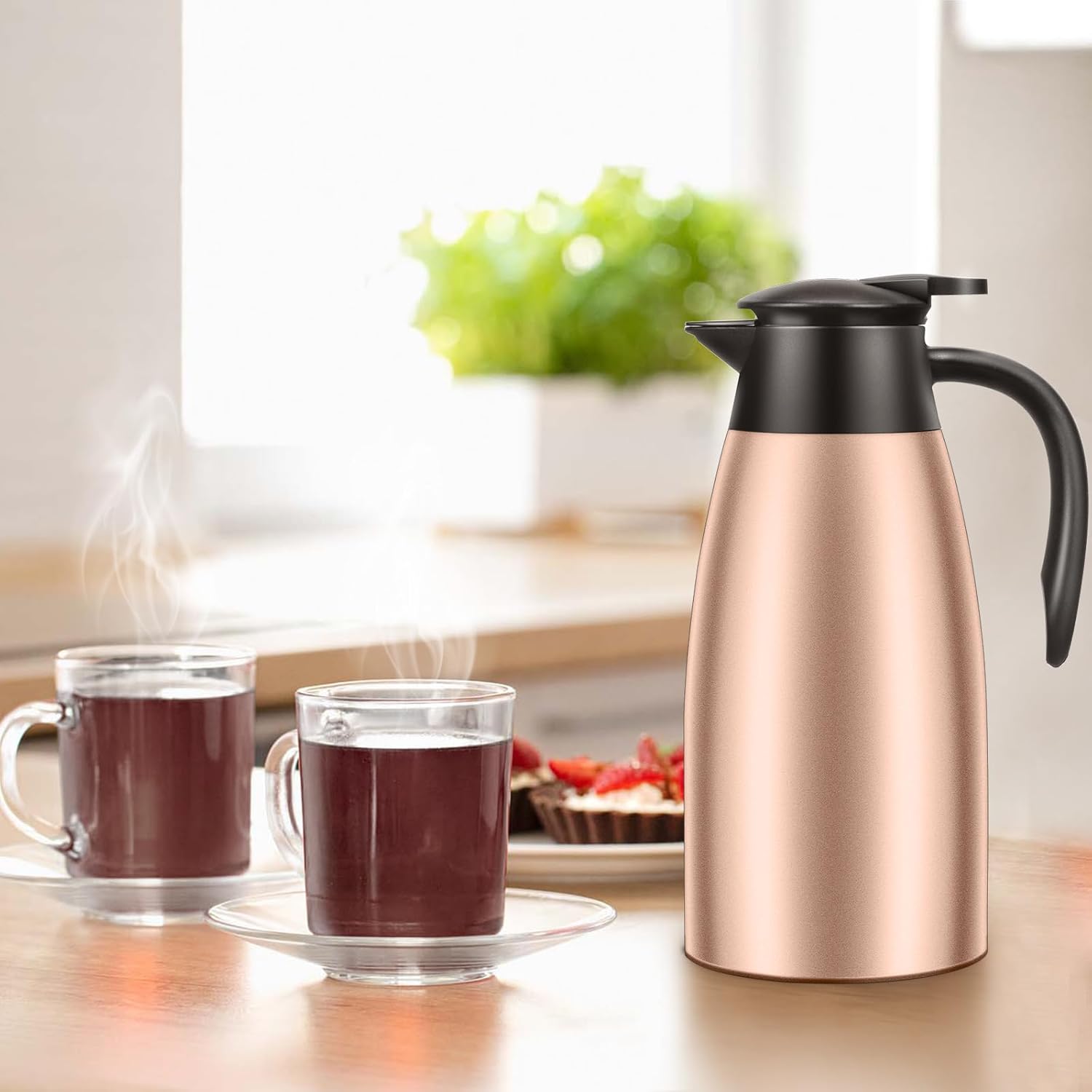 1 PCS 68 OZ Thermal Coffee Carafe, Insulated Stainless Steel Coffee Carafe Double Walled Vacuum Thermal Pot Flask with Brushes Thermos for Keeping Hot Coffee Tea Home and Office (Gold）