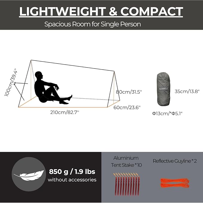 onewind Ultralight One Person Bivy Tent, Backpacking Tent for Single Person Waterproof Silnylon Lightweight for Camping Backpacking Hiking, NO Trekking Pole