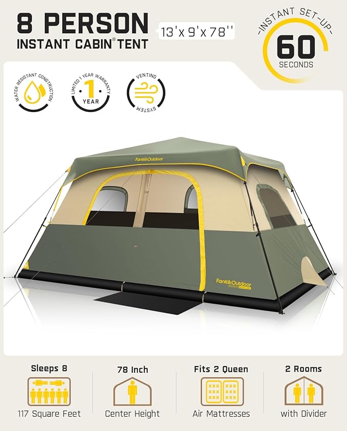 FanttikOutdoor Camping Tent 4/6/8/10 Person Instant Cabin Tent Setup in 60 Seconds with Rainfly & Windproof Portable with Carry Bag for Family Camping & Hiking, Upgraded Ventilation