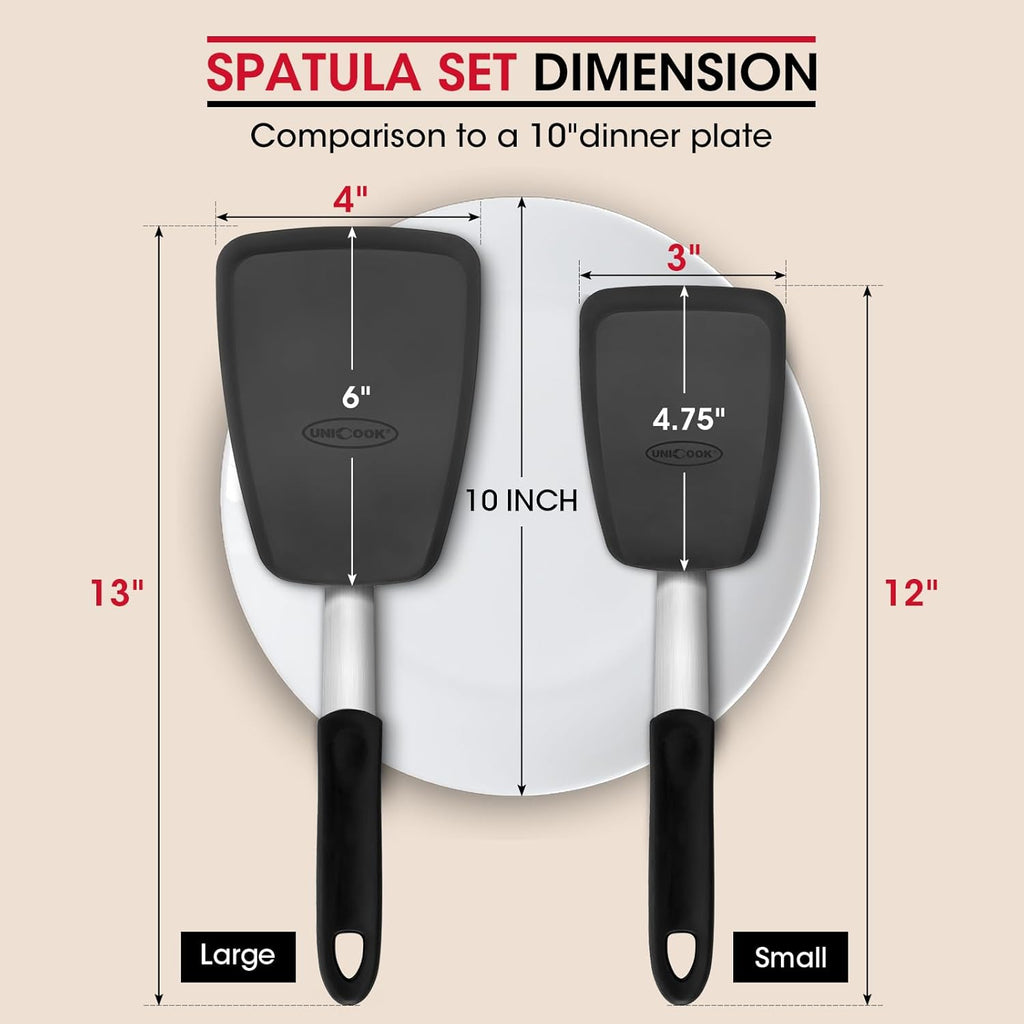 Unicook 2 Pack Flexible Silicone Spatula, Turner, 600F Heat Resistant, Ideal for Flipping Eggs, Burgers, Crepes and More, Black