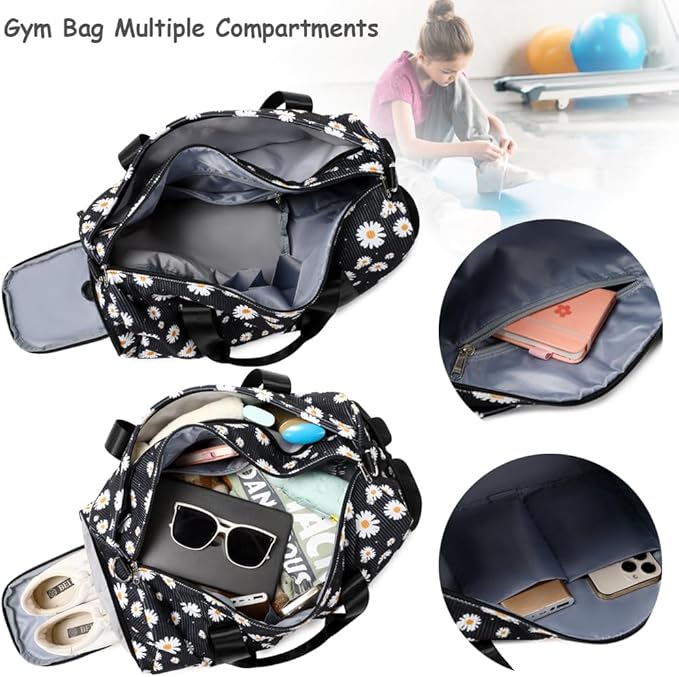 Dance Bag for Girls Gym Bag Sports Duffle Bag with Shoes Compartment Wet Pocket Weekender Overnight Bag for Girls Women Teens Corduroy Daisy Travel Duffle Bag