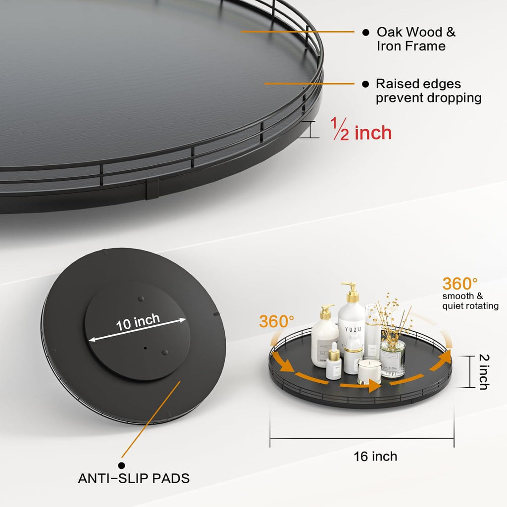 16" Oak Wooden Lazy Susan Turntable for Dining Table, Large Round Lazy Susans Organizer for Kitchen Countertop, Tabletop 360°Rotating Tray for Spice Organization and Storage Black Home Decor