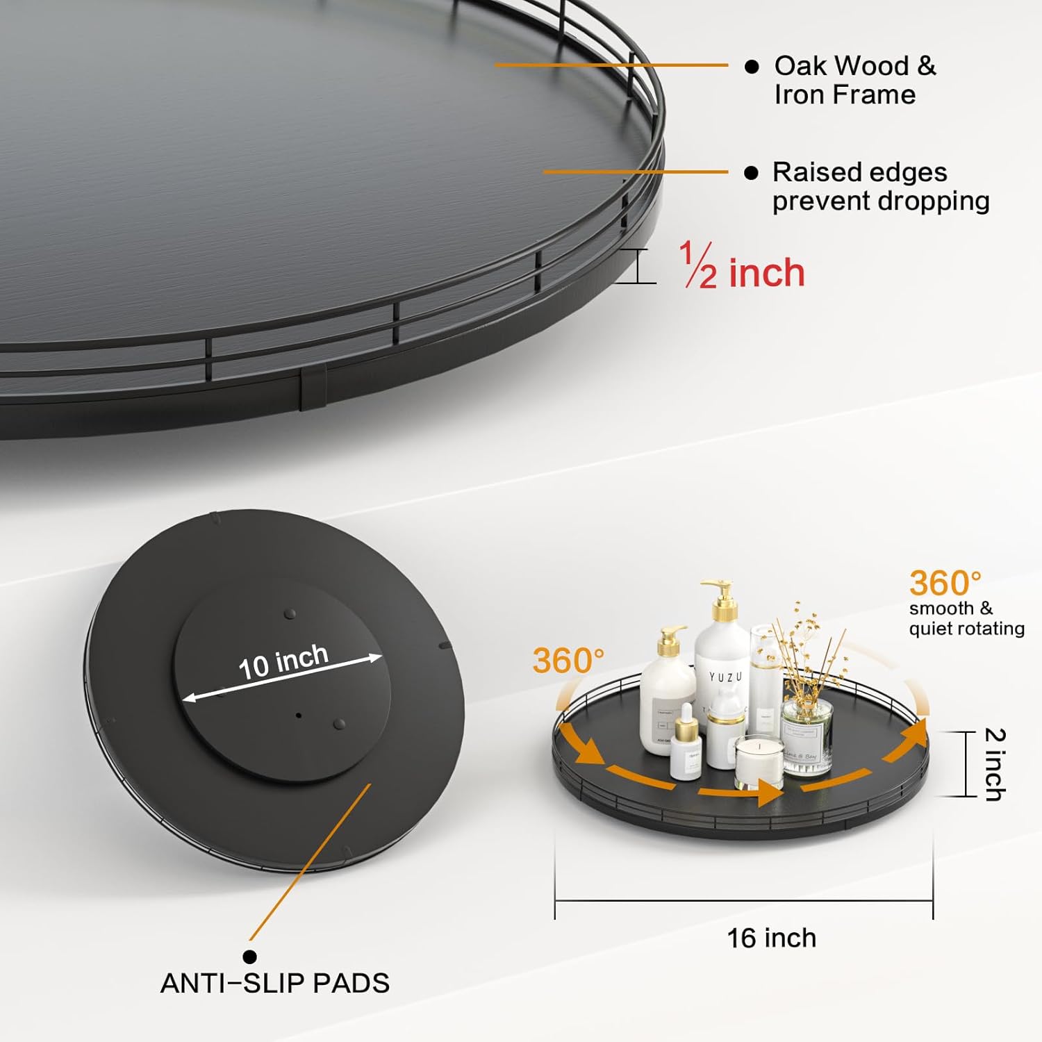 16" Oak Wooden Lazy Susan Turntable for Dining Table, Large Round Lazy Susans Organizer for Kitchen Countertop, Tabletop 360°Rotating Tray for Spice Organization and Storage Black Home Decor