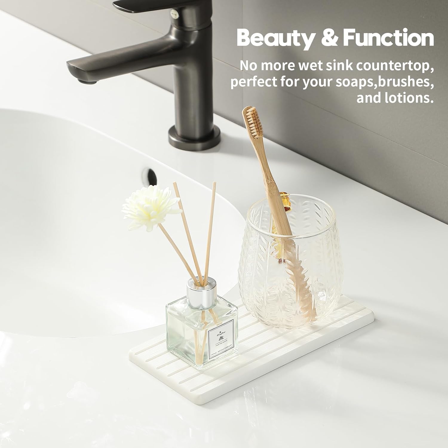 2PCS Water Absorbing Stone Drying Tray Mat For Bathroom Sink & Kitchen Counter Faucet Organizer Decor, Quick Dry Dish Soap Dispenser Sponge Holder, Vanity Sink Caddy Bar Coaster,White-8"*3.8"