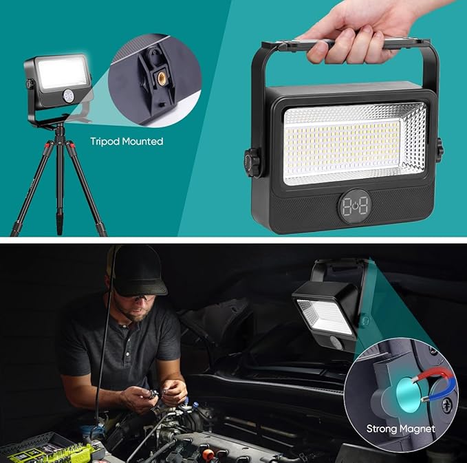 100W LED Work Light Rechargeable, Rechargeable Outdoor Light Solar Camping Lights with Magnetic, 4 Modes, Waterproof Portable Floodlight for Emergency, Repair, Camping