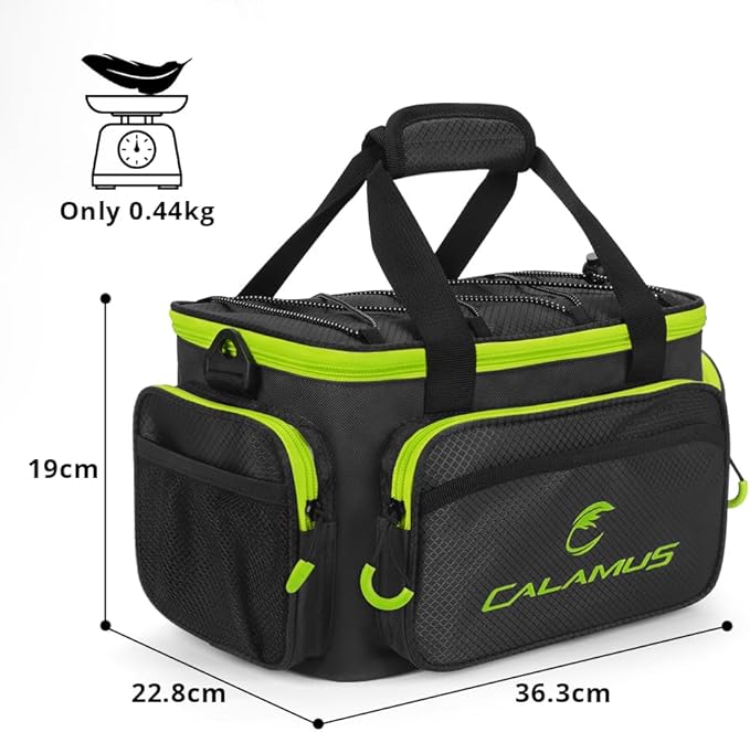 Calamus Fishing Tackle Bags - Saltwater or Freshwater Fishing Bags - Rip-Stop PE - Padded Shoulder Strap - Pliers Storage - Green
