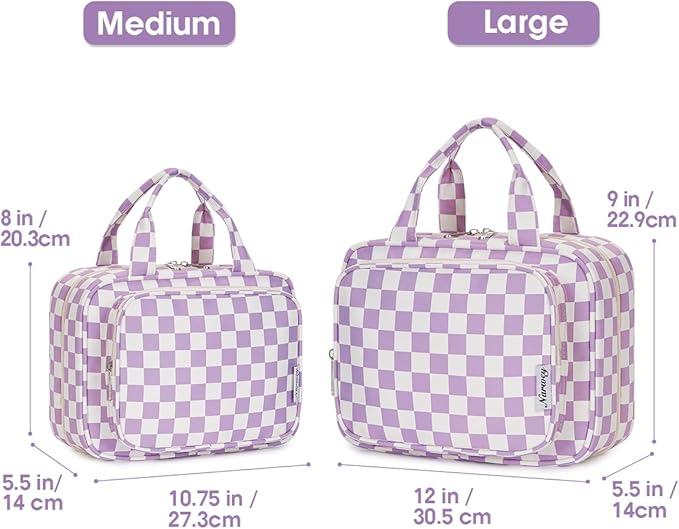 Narwey Travel Toiletry Bag for Women Large Hanging Makeup Bag Organizer Toiletries Bag for Full Size Essentials Accessories Cosmetics (Purple Checkerboard (Large))