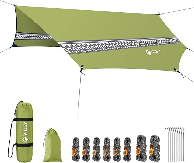 VILLEY Hammock Tent Rain Fly, Octagonal Waterproof Camping Tarp, Sun Shelter for Camping, Backpacking, Hiking, Accessory Includes Stakes, Ropes and Carry Bag (Green)