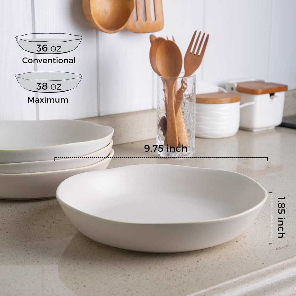 AmorArc 9.75'' Large Ceramic Pasta Bowls, 38oz Stoneware Wide Serving Bowls Set of 6 for Kitchen, Oven, Microwave&Dishwasher Safe Bowls with Wavy Rim for Fruit Pasta Salad Meal, Matte White