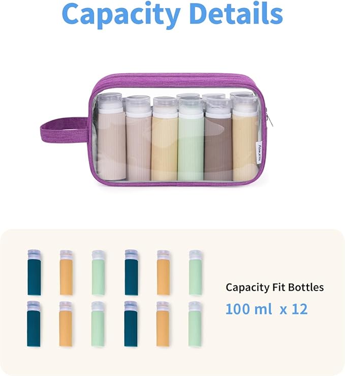 Narwey Clear Travel Toiletry Bags for Traveling Toiletries Men Women, Clear Makeup Bag Cosmetic Bag with Zipper, Make Up Pouch Organizer Bags with Handle, Skincare Bag (Purple)