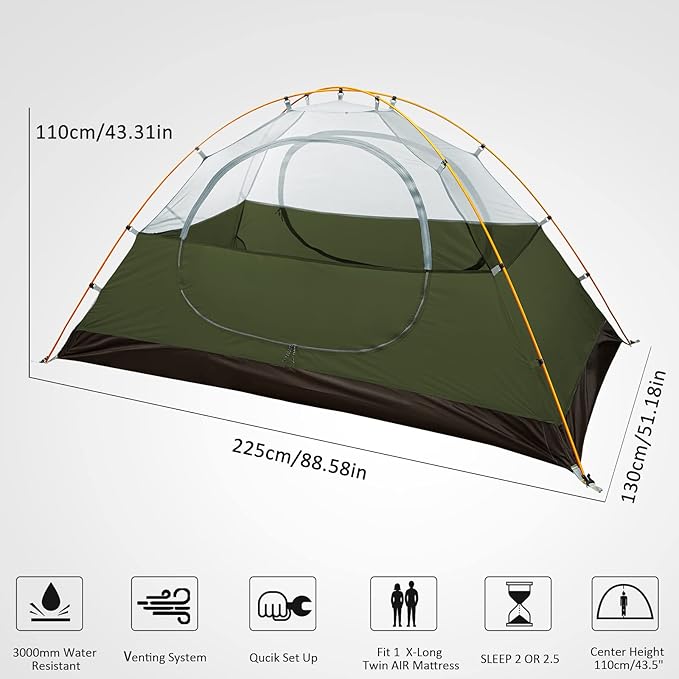 Bessport Camping Tent 1/2 Person Tent Waterproof Two Doors Backpacking Tent Easy Setup Lightweight for Outdoor, Hiking Mountaineering Travel