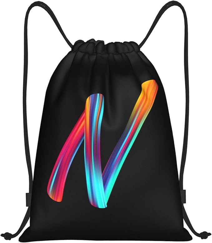 Drawstring Bags Initial Drawstring Backpack Sackpack Black Draw String Cinch Bags for Sports, Gym, Travel, Swimming, Beach, Camping, Rainbow Letter N