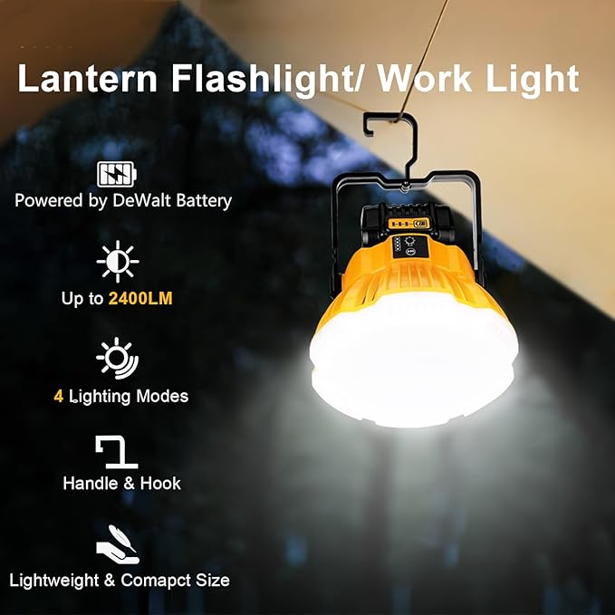 2400LM LED Camping Lantern Light for Dewalt 18V 20V MAX Battery, 3 Adjustable Brightness Cordless Portable LED Work Light Floodlight with Hook for Tent Jobsite Ceiling Light(No Battery)