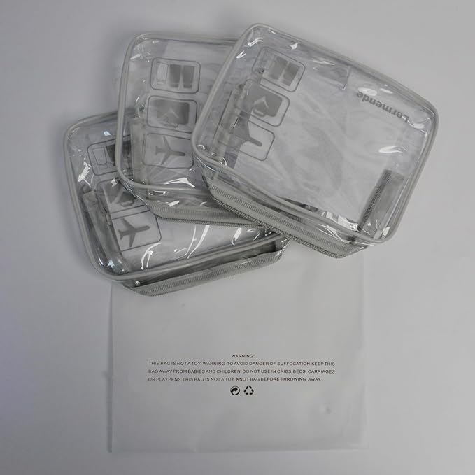 Lermende 2pcs Clear Toiletry Bag TSA Approved Travel Bag,Carry On for Travel,Airport Airline Accessories Compliant Bag,Quart Sized Makeup Cosmetic bag Women Men (Gray, 3 Pack)