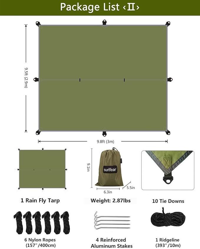 Sunyear Hammock Camping with Rain Fly Tarp and Net, Portable Camping Hammock Double Tree Hammock Outdoor Indoor Backpacking Travel & Survival, 2 Tree Straps,100% Waterproof