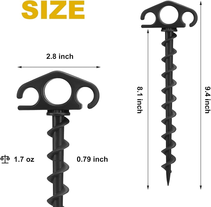 Tent Stakes Sand Stakes for Beach Tent 6 Pack Spiral Anchor Stakes 9.4 Inch Heavy Duty Screw Canopy Stakes for Camping, Hiking and More (6, Black)