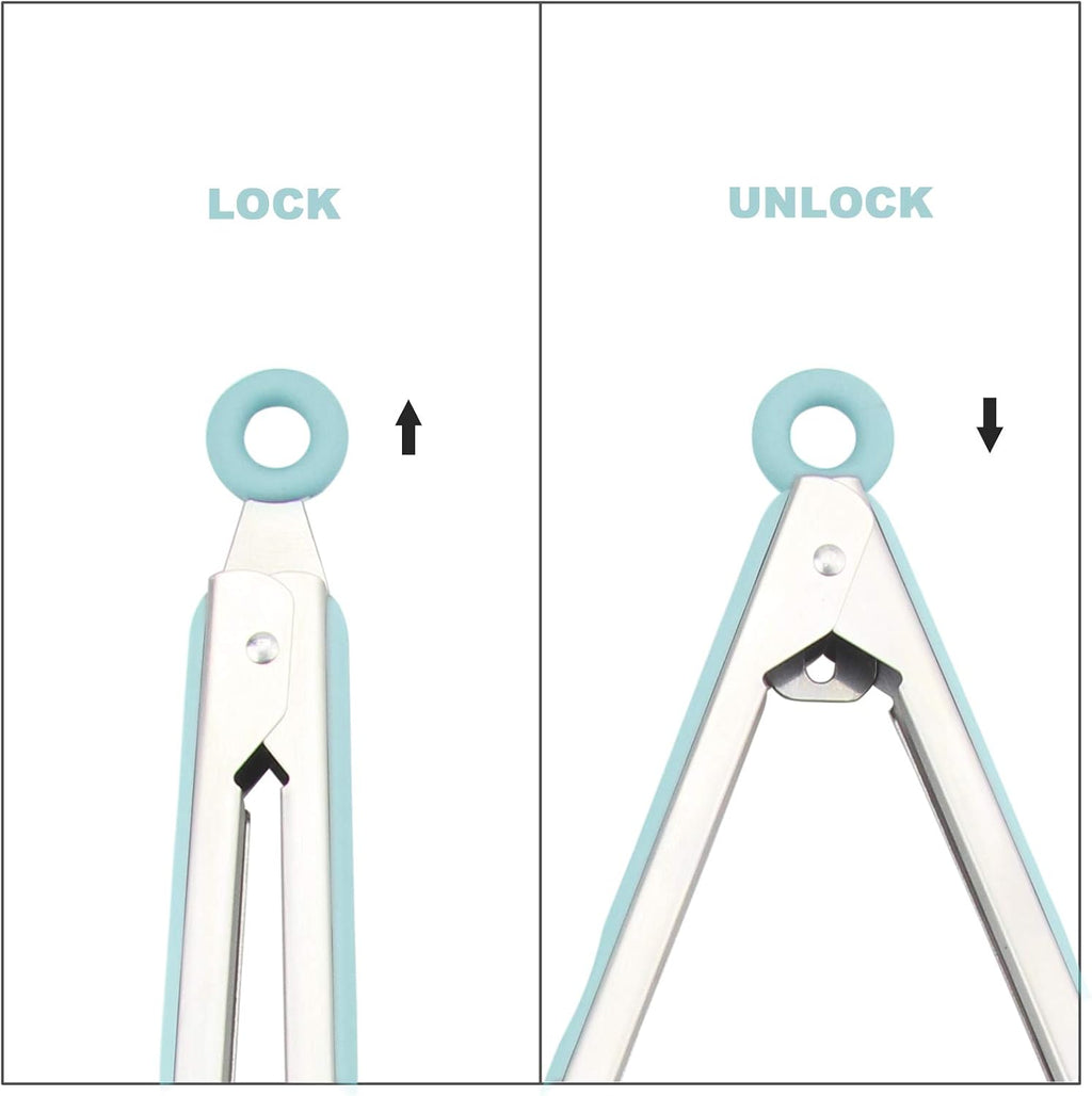 4 Pack Aqua Sky Kitchen Tongs, Premium Silicone BPA Free Non-Stick Stainless Steel BBQ Cooking Grilling Locking Food Tongs, 9-Inch & 12-Inch