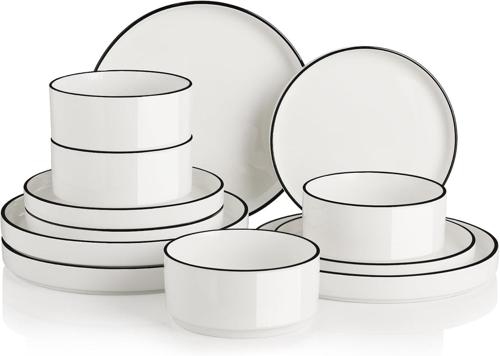 Sweejar Porcelain Dinnerware Sets for 4, 12 Pieces Ceramic Plates and Bowls Set, Classic Modern Simple Kitchen Dinner Dining Ware Set, Dishwasher and Microwave Safe Dishes Sets(Pure White-Black Rim)