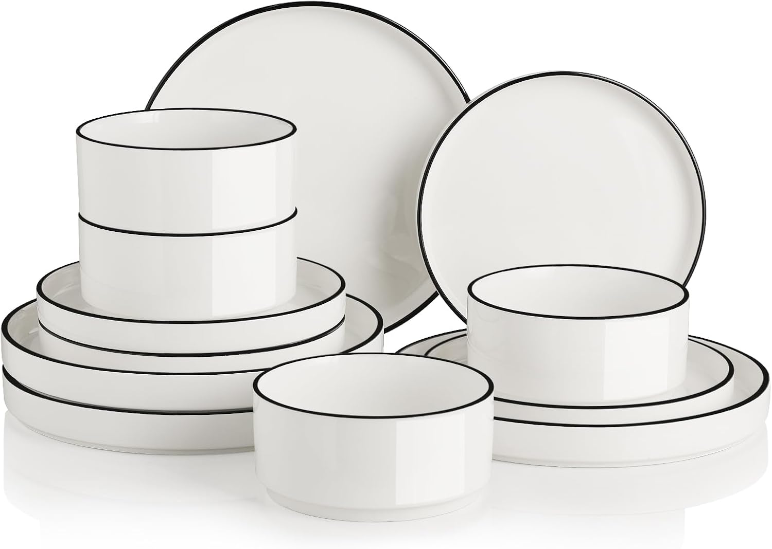 Sweejar Porcelain Dinnerware Sets for 4, 12 Pieces Ceramic Plates and Bowls Set, Classic Modern Simple Kitchen Dinner Dining Ware Set, Dishwasher and Microwave Safe Dishes Sets(Pure White-Black Rim)