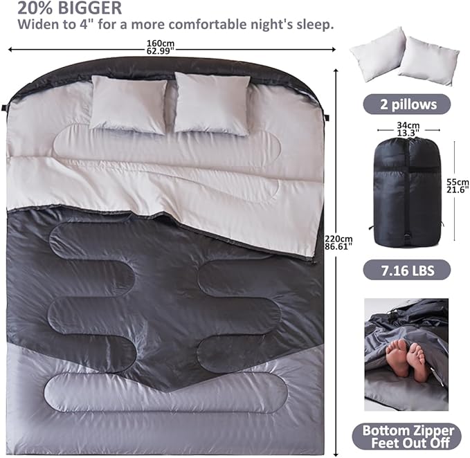 oaskys Double Sleeping Bag for Adults with 2 Pillows - Queen Size XL Waterproof Sleeping Bag for All Season Camping Hiking Backpacking 2 Person Sleeping Bags for Cold Weather & Warm