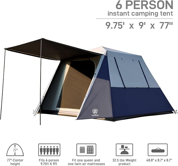 EVER ADVANCED 6 Person Blackout Camping Tent Instant Cabin Tents for Family with Rainfly, 60s Easy Setup, Water-Resistant Orange