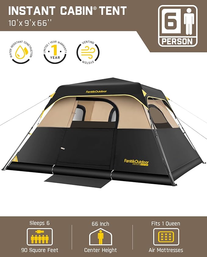 FanttikOutdoor Camping Tent 4/6/8/10 Person Instant Cabin Tent Setup in 60 Seconds with Rainfly & Windproof Portable with Carry Bag for Family Camping & Hiking