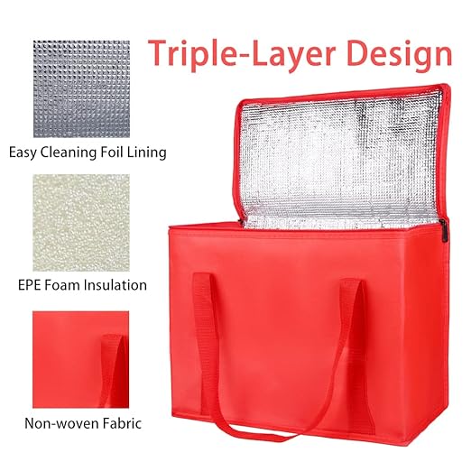 2-Pack Insulated Reusable Grocery Bag with Zippered Top, X-Large Insulated Food/Pizza Delivery Bag, Bodaon Frozen Foods Cold, Cooler Shopping Bags, Red