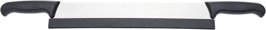 Mundial 16-Inch Carbon Stainless Steel Cheese Slicer Knife – Double Handle, Granton Edge for Non-Stick Cutting, Includes Safety Sleeve Protector, Ideal for Blocks of Cheese