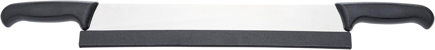 Mundial 16-Inch Carbon Stainless Steel Cheese Slicer Knife – Double Handle, Granton Edge for Non-Stick Cutting, Includes Safety Sleeve Protector, Ideal for Blocks of Cheese