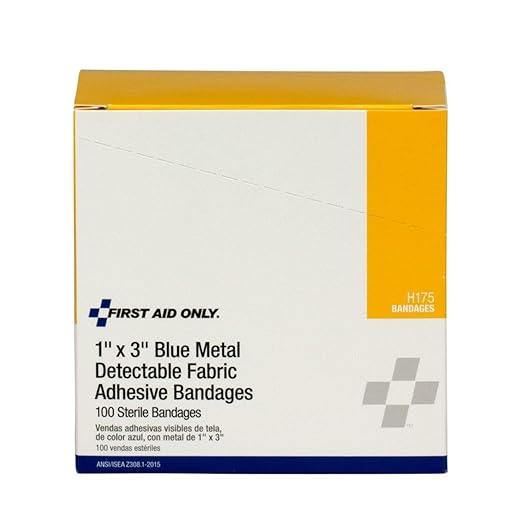 First Aid Only H175 Blue Metal Detectable 1 x 3 Fabric Adhesive Bandages, Box of 100
