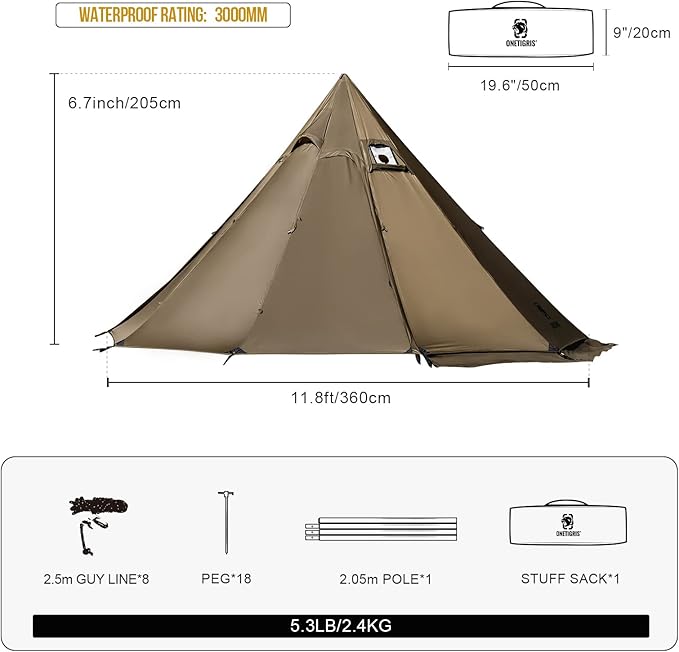OneTigris Northgaze 2~4 Person Lightweight Hot Tent with Stove Jack,5.3lb, 4 Season Waterproof Lightweight Wind-Resistant for Camping Backpacking Hiking Hunting Fishing