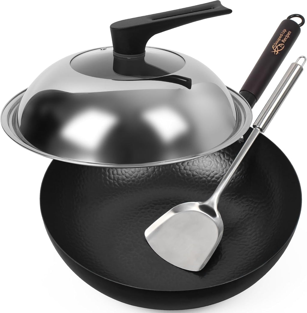 13.4 Inch Carbon Steel Wok For Electric, Induction and Gas Stoves (Lid, Spatula and User Guide Video Included)