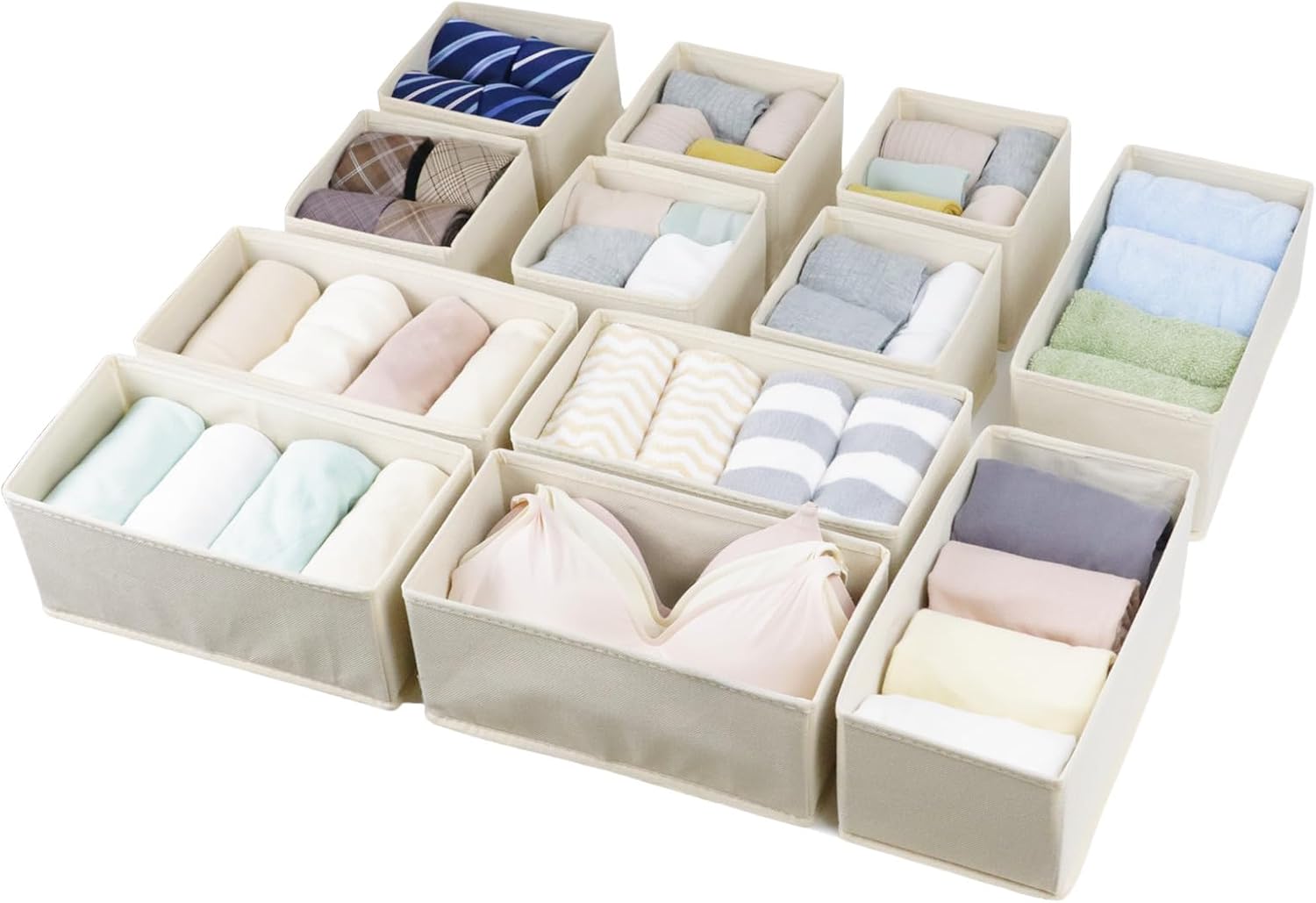 Set of 12 Drawer Organizer, Fabric Closet Organizer and Storage Baskets,Foldable Drawer Divider for Clothing,Sock,Ties,Underwear Drawer Organizers,Set of Cabinet Storage Boxes (Beige)
