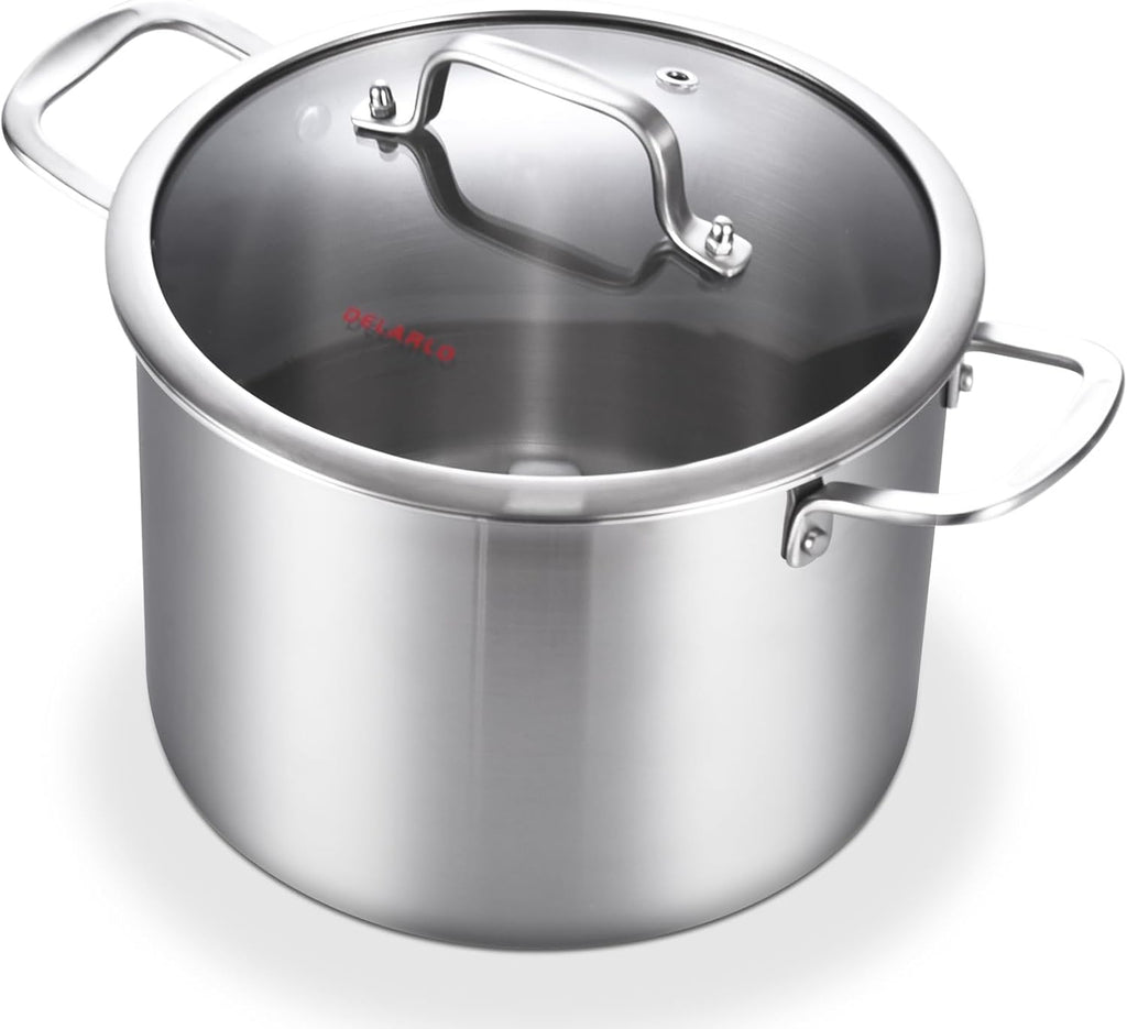 DELARLO Tri-Ply Stainless Steel 8 Quart Stock Pot, All Stove Compatible Up to 600℉ Soup Pot with Lid, 18/10 Induction Big Stockpot with Lids, Large Stainless Steel Induction for Cooking