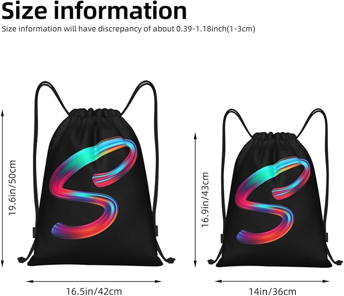 Drawstring Bags Initial Drawstring Backpack Sackpack Black Draw String Cinch Bags for Sports, Gym, Travel, Swimming, Beach, Camping, Rainbow Letter S