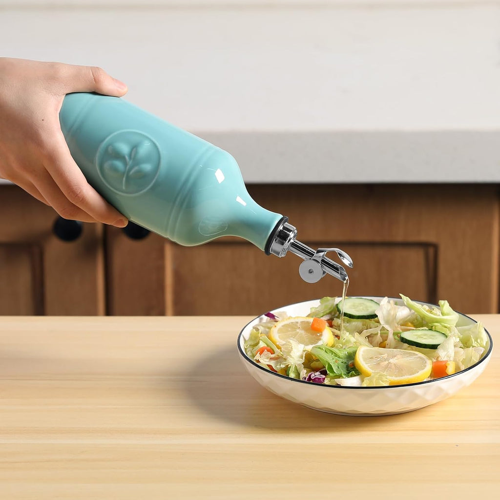 Sweejar 16 Oz Ceramic Olive Oil Dispenser Bottle, Oil Dispenser for Kitchen with Gravity Spout, Relief Opaque Oil Container for Evoo, Avocado Oil, Vinegar, Soy Sauce, 1 Pack(Turquoise, Silver Spout)