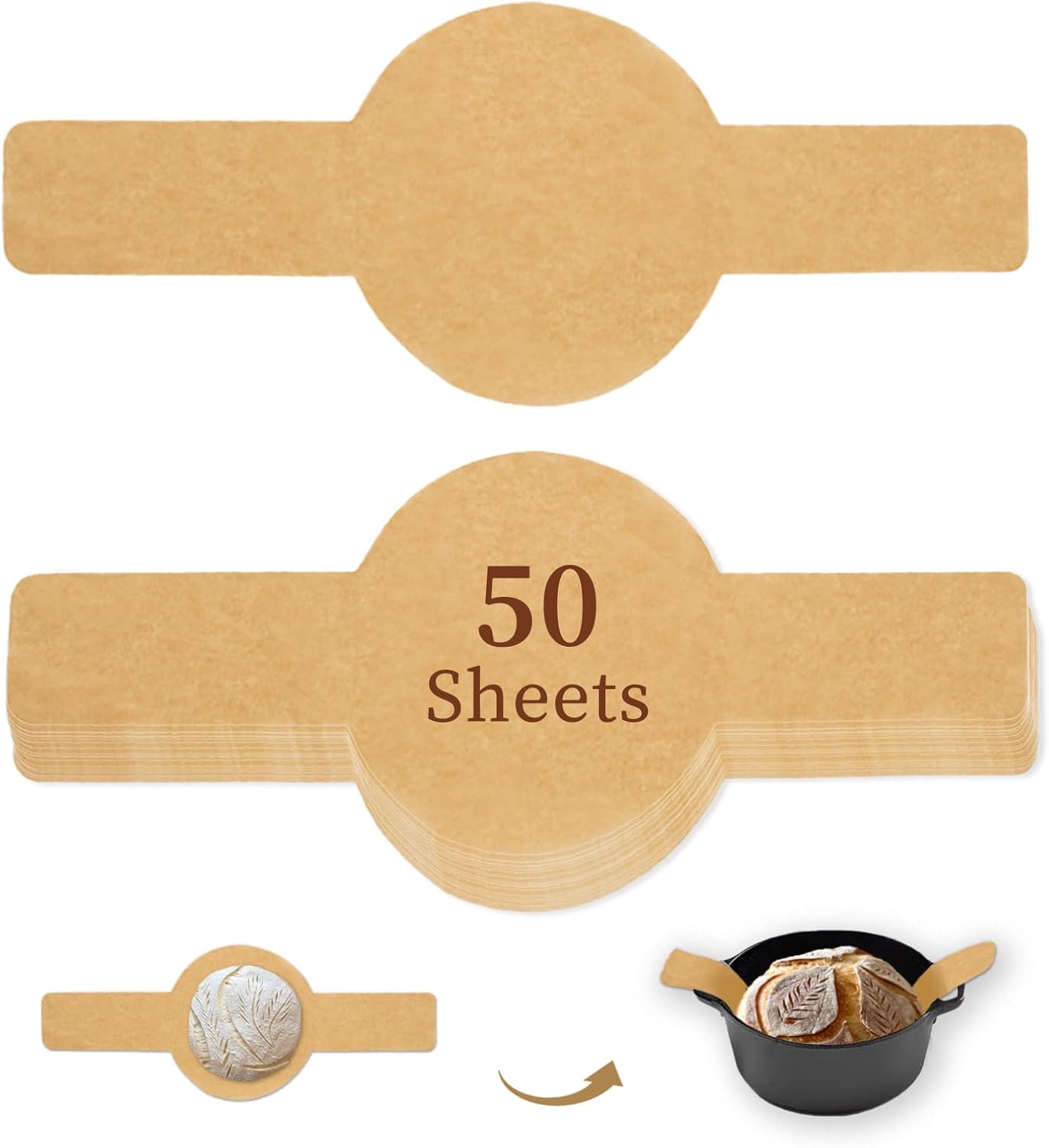 Parchment Bread Sling for Dutch Oven, BlissBoard Disposable Bread Baking Mat with Long Handles, 50 Pcs Unbleached Parchment Paper for Air Fryer, Sourdough Transfer