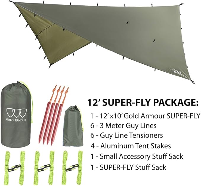 Gold Armour Rainfly Tarp Hammock, Premium 14.7ft/12ft/10ft/8ft Rain Fly Cover, Waterproof Ultralight Camping Shelter Canopy, Survival Equipment Gear Camping Tent Accessories (OD Green 12ft x 10ft)