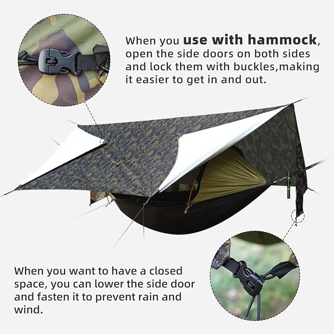 Ultralight Tarp, 14ft Hammock Rain Fly Lightweight Waterproof Camping Tent Tarp with Doors, Bushcraft Tarp Shelter for Backpacking Hiking Camping