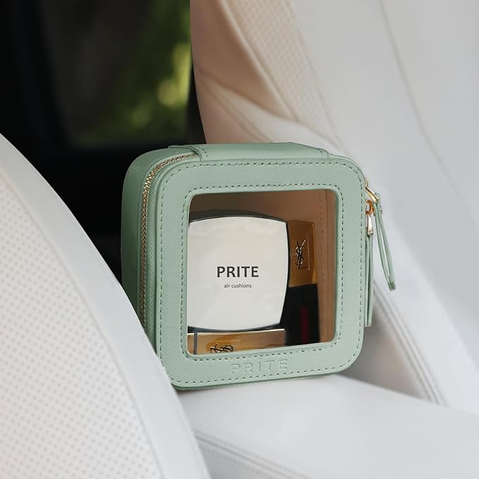 Prite Small Makeup Bag for Women Portable Clear Makeup Bag Cute Mini Waterproof Travel Cosmetic Bag with Gold Zipper for Car Essentials(Green)