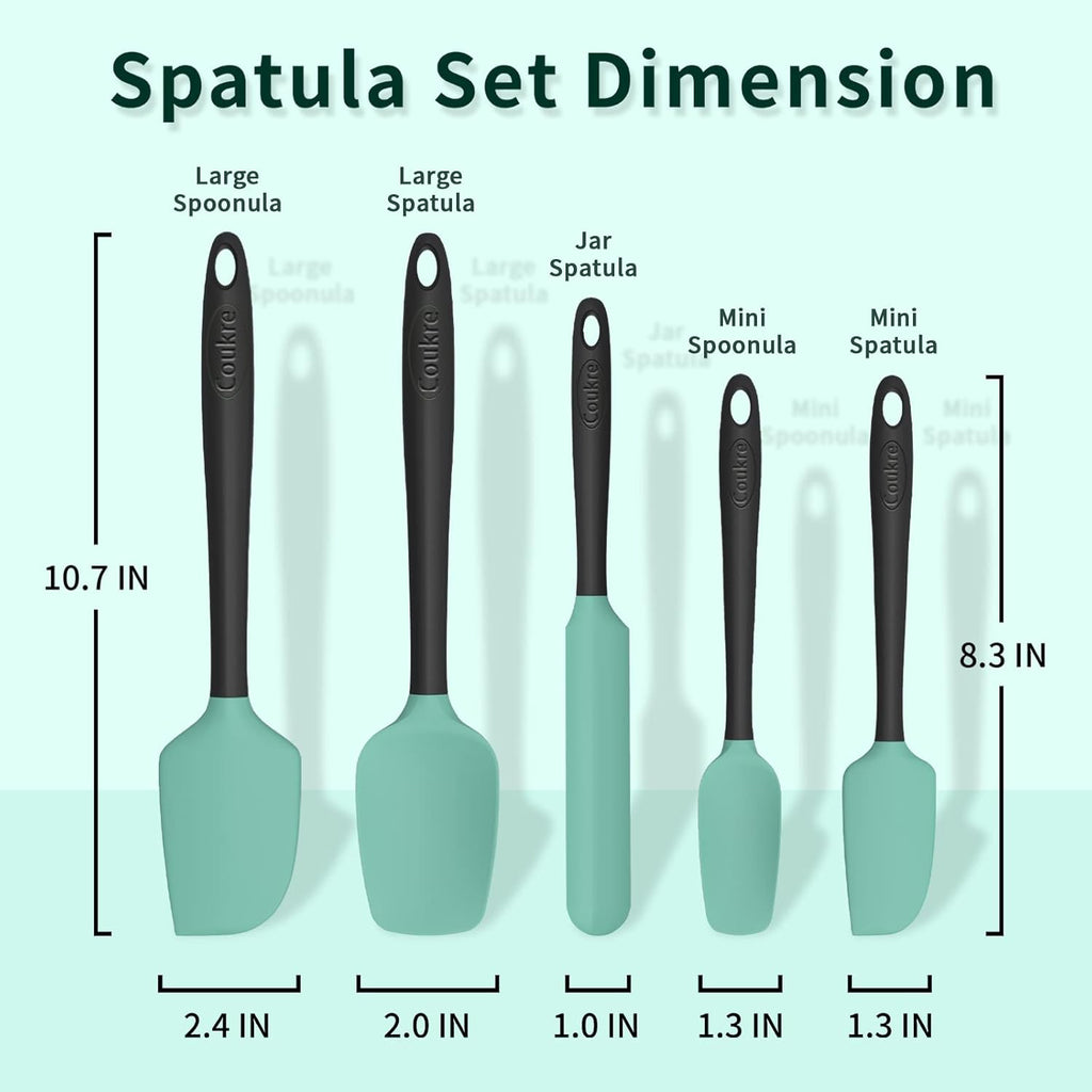 Coukre Silicone Spatula Set of 5,High Temperature Resistant, Food Grade Silicone, Dishwasher Safe, for Baking, Cooking (Aqua Green Black, Split-type)