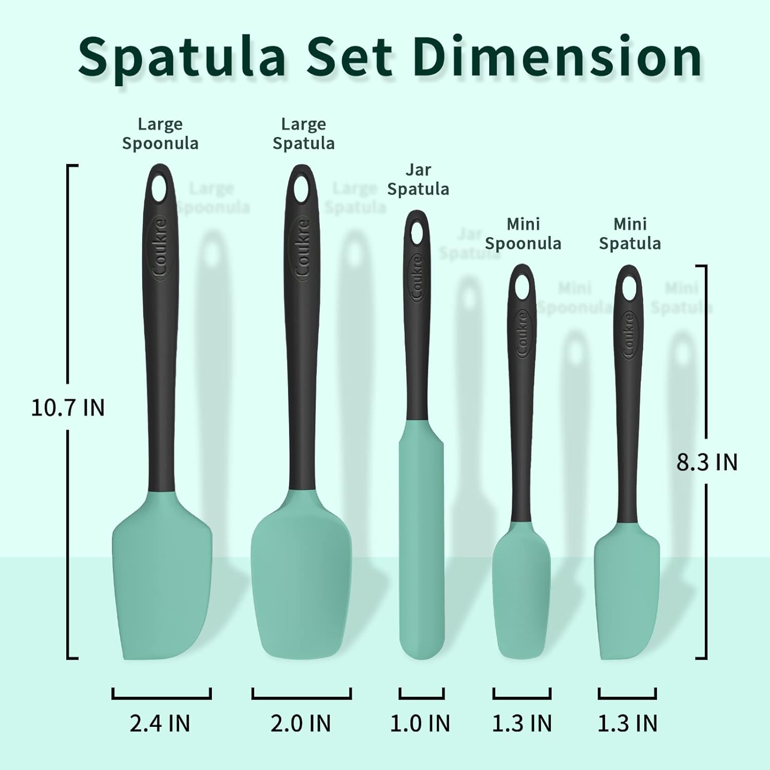 Coukre Silicone Spatula Set of 5,High Temperature Resistant, Food Grade Silicone, Dishwasher Safe, for Baking, Cooking (Aqua Green Black, Split-type)