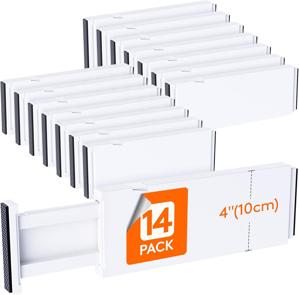 Lifewit 14 Pack Drawer Dividers 4" High, 11-17" Adjustable Drawer Organizers for Clothes, Expandable Dresser Separators in Bedroom/Bathroom/Kitchen/Fridge/Office Organization and Storage, White