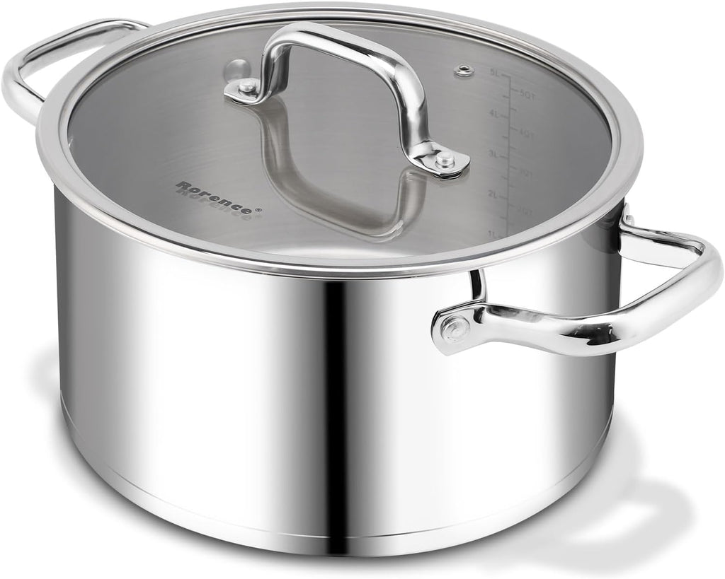Rorence 6 Quart Stainless Steel Stockpot, Tri-Ply Base Large Pot for Cooking with Lid for Soup, Pasta, Vegetable, Induction Cooking Pot for All Stoves, Oven & Dishwasher Safe