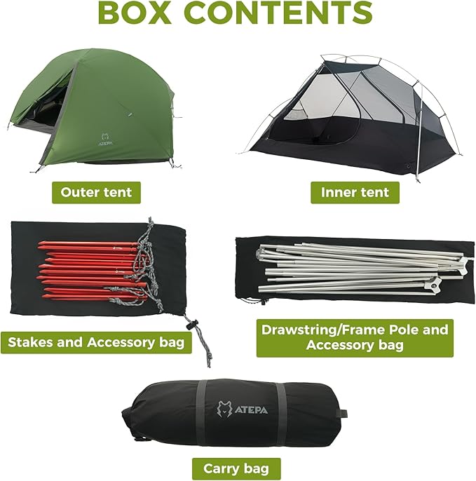 ATEPA Ultralight Backpacking Tent, 2 Person 1 Person Nylon Lightweight 4000MM+ Waterproof Windproof Portable Tent with Aluminum Frame & Rainfly for Backpacking Hiking Camping Motorcycle, 4 Season